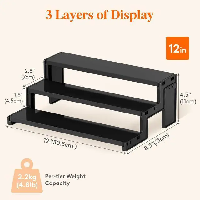 Alt view image 3 of 7 - 12 Spice Rack, Perfume Cologne Stand, Tool-Free Assembly, 1 Pcs | 3-Tier Black Cupcake Riser, Display Shelf for Seasoning, Figurine, Makeup, Room Decor, Kitchen Cabinet Storage Organization