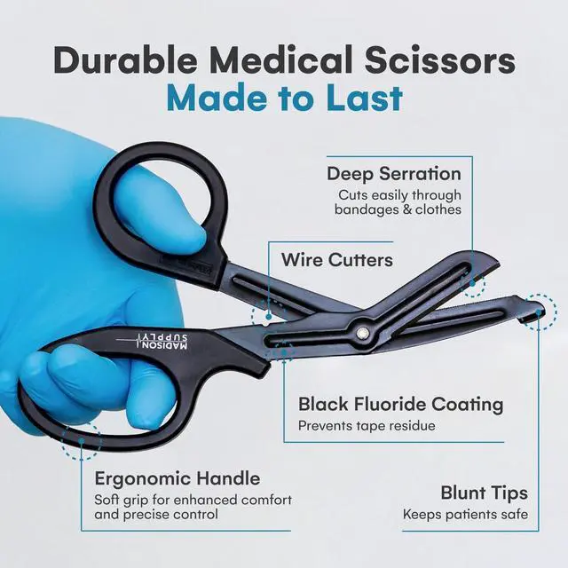 Alt view image 5 of 6 - 7.5 Inches Premium Stainless Steel Trauma Shears for Left and Right Hand - Non-Stick Coated Blades Medical Scissors - Durable Fluoride-Coated Nurse Scissors - Black
