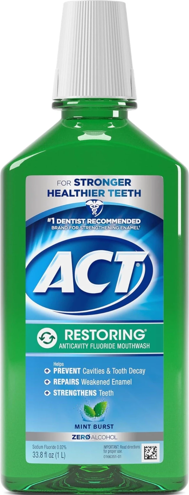 Main image of Restoring Zero Alcohol Fluoride Mouthwash 33.8 fl. oz. Strengthens Tooth Enamel, Mint Burst
