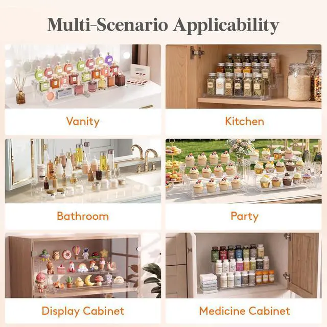 Alt view image 7 of 7 - 12 Spice Rack, Perfume Cologne Stand, Tool-Free Assembly, 1 Pcs | 3-Tier Clear Cupcake Riser, Display Shelf for Seasoning, Figurine, Makeup, Room Decor, Kitchen Cabinet Storage Organization
