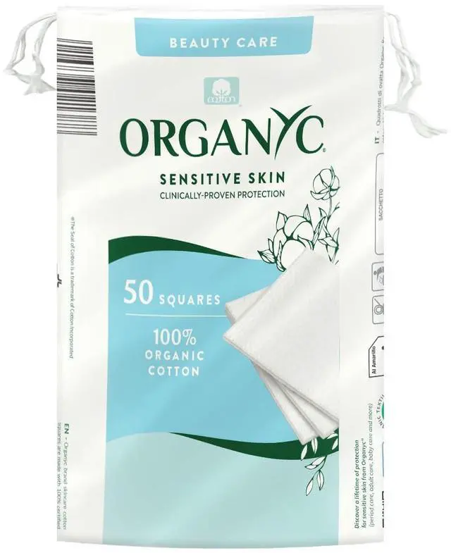 Main image of 100% Certified Organic Cotton Squares, 50 Count, Clinically-Proven for Sensitive Skin, Cotton Pads for Face Cleansing, Toner and Makeup Removal