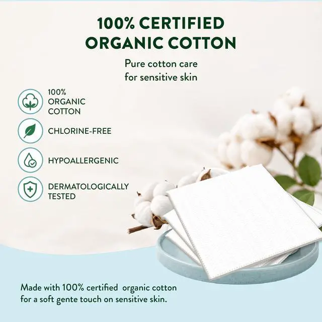 Alt view image 2 of 7 - 100% Certified Organic Cotton Squares, 50 Count, Clinically-Proven for Sensitive Skin, Cotton Pads for Face Cleansing, Toner and Makeup Removal