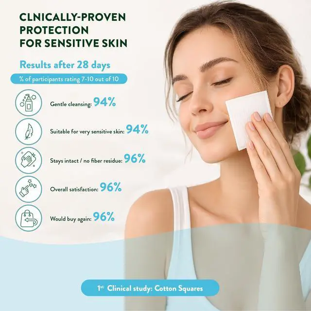 Alt view image 3 of 7 - 100% Certified Organic Cotton Squares, 50 Count, Clinically-Proven for Sensitive Skin, Cotton Pads for Face Cleansing, Toner and Makeup Removal