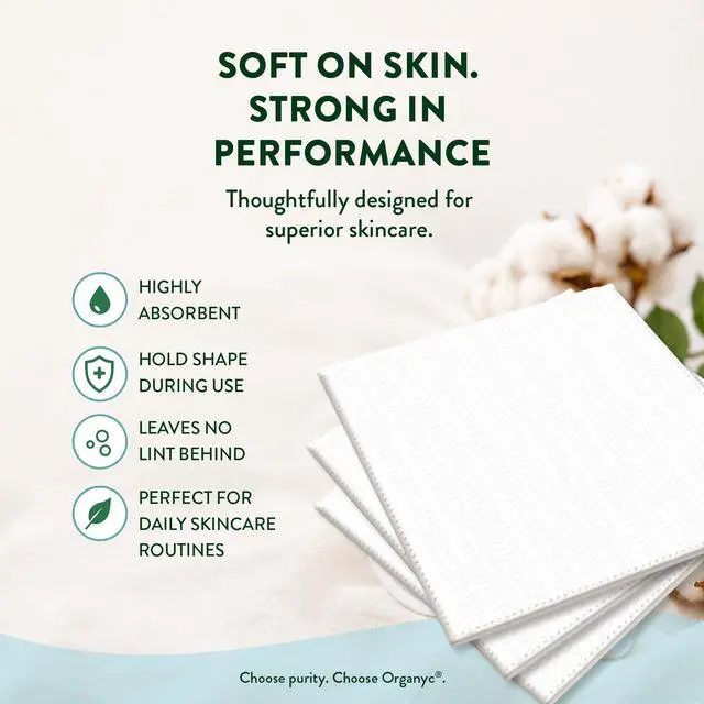 Alt view image 5 of 7 - 100% Certified Organic Cotton Squares, 50 Count, Clinically-Proven for Sensitive Skin, Cotton Pads for Face Cleansing, Toner and Makeup Removal
