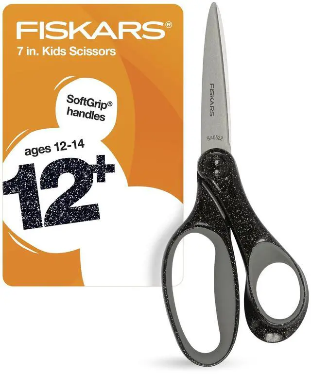 Main image of 7" SoftGrip Student Glitter Scissors for Kids 12+, Black Glitter | Scissors with Precise Blades for School or Crafting, Ergonomic Handles Designed for Older Kids, Back to School Supplies