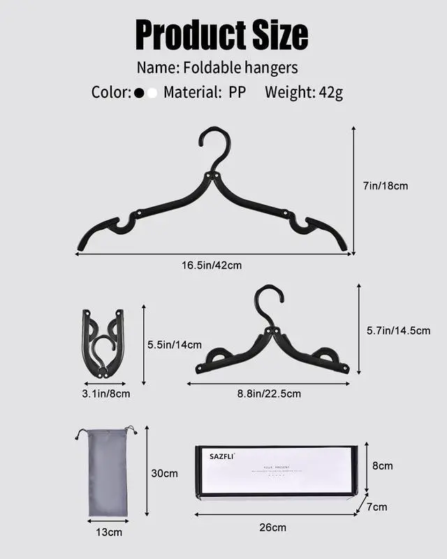 Alt view image 2 of 7 - 10-Pack Foldable Travel Hangers with Gift Box Thickened ABS & Aluminum Rivets, Non-Slip Design for Delicate Clothes, Compact 5.5x3 Inch, Black/White