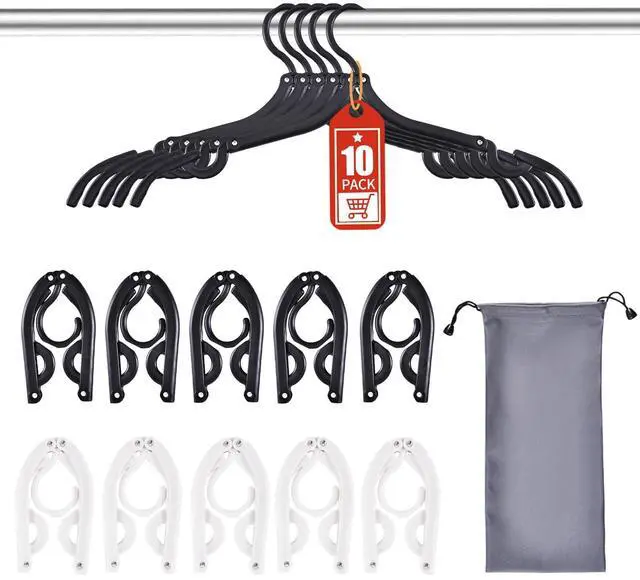 Main image of 10-Pack Foldable Travel Hangers with Gift Box Thickened ABS & Aluminum Rivets, Non-Slip Design for Delicate Clothes, Compact 5.5x3 Inch, Black/White