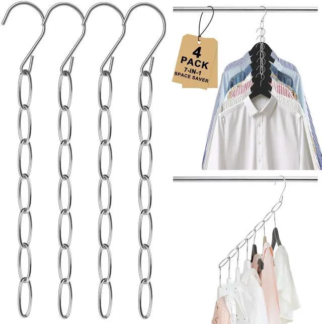 Main image of Space Saving Hangers, 4 Pack Metal 7-Loop Clothing Chain Hanger Organizer, Collapsible Closet Space Saver for Clothes, Small Closet Organizers and Storage for Dorm, Home, RV, Travel, Wrinkle Reducing