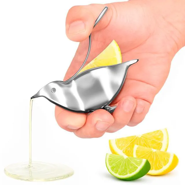 Main image of Bird Lemon Squeezer with Pour Spout, Tiny Stainless Steel Slice Press | Cute Citrus Wedge Juicer for Limes, Mess-Free, Dishwasher Safe, a Mini Travel Size for Tea Service, Seafood, and Cocktails