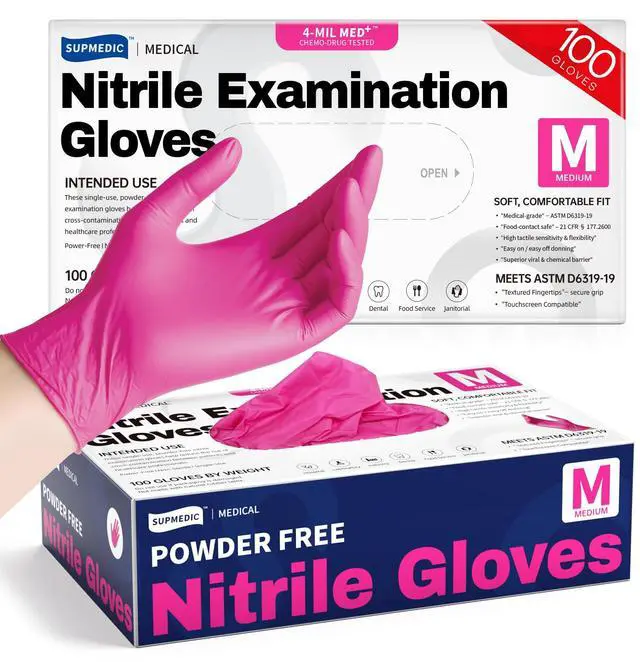 Main image of Nitrile Exam Gloves, 4 Mil 100 Pcs Powder-Free Latex-Free Cooking Food-Safe Disposable Medical Gloves, Rose Orchid (Medium)