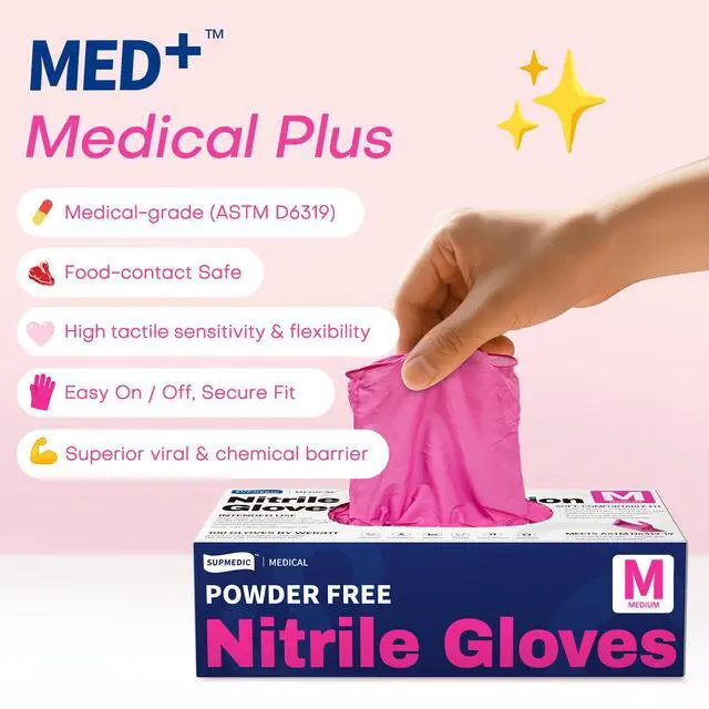 Alt view image 2 of 7 - Nitrile Exam Gloves, 4 Mil 100 Pcs Powder-Free Latex-Free Cooking Food-Safe Disposable Medical Gloves, Rose Orchid (Medium)