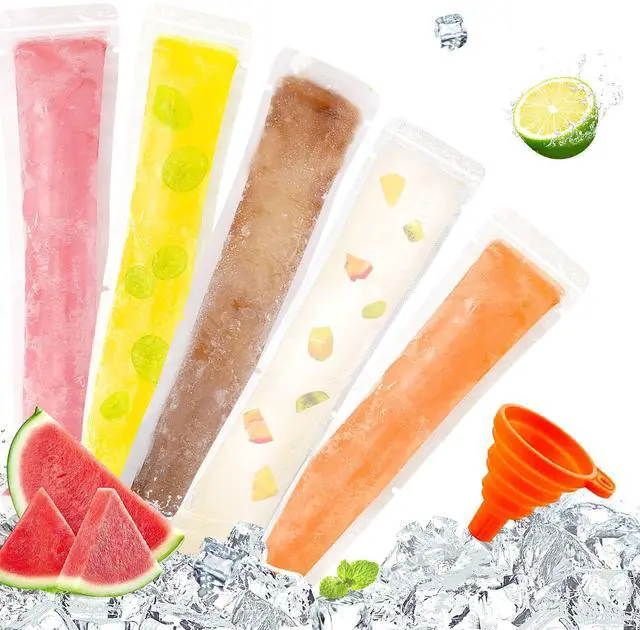Main image of 120 Pcs Disposable Ice Pop Bags Popsicle Molds With Funnel | Good Quality Popsicle Bags, 2x7.5 Inch, Zip Seals, Easy Fill And Freeze, Ideal for DIY Summer Snacks Yogurt Juice Fruit