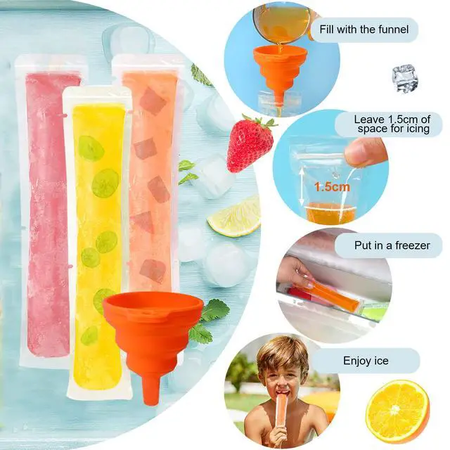 Alt view image 2 of 7 - 120 Pcs Disposable Ice Pop Bags Popsicle Molds With Funnel | Good Quality Popsicle Bags, 2x7.5 Inch, Zip Seals, Easy Fill And Freeze, Ideal for DIY Summer Snacks Yogurt Juice Fruit