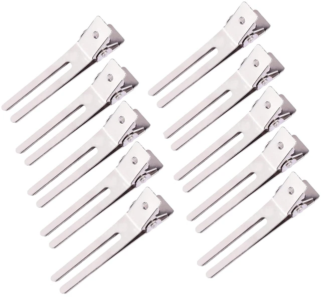 Main image of 10 Pack Double Prong Pin Curl Hair Clips, Silver, 1.8" | Metal Alligator Hair Clip for Hairdressing, Styling, Coloring, Sectioning