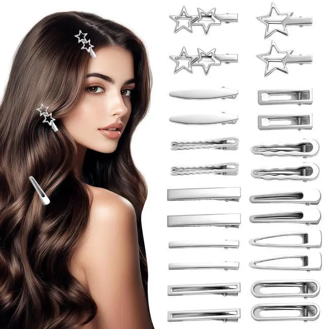 Main image of 24PCS Silver Hair Clips Set, Y2K Metal Barrettes, Anti-Slip Cute Hair Accessories for Women Girls