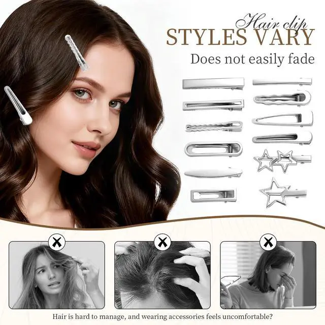 Alt view image 5 of 7 - 24PCS Silver Hair Clips Set, Y2K Metal Barrettes, Anti-Slip Cute Hair Accessories for Women Girls