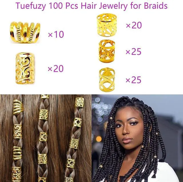 Alt view image 2 of 7 - Gold Hair Jewelry Braid, Tuefuzy 100 Pcs Hair Dreadlock Accessory, Metal Gold Braids Rings Cuffs Clips for Dreadlock Accessory Jewelry Decorations