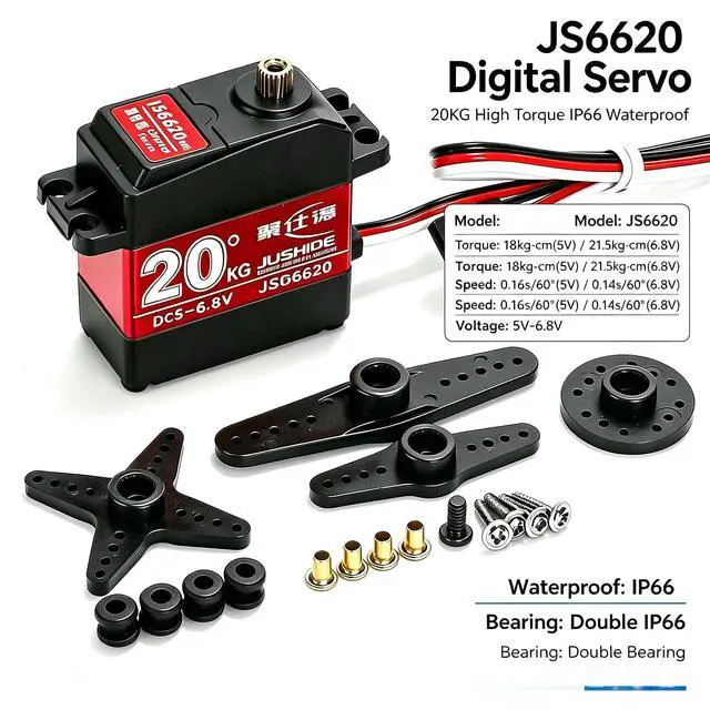 Alt view image 2 of 5 - Jushie JS6620 Digital RC Servo 20KG High Torque IP66 Waterproof Double Bearing 5-6.8V 360° PWM Servo Motor for RC Car Robot Boat Mechanical Arm