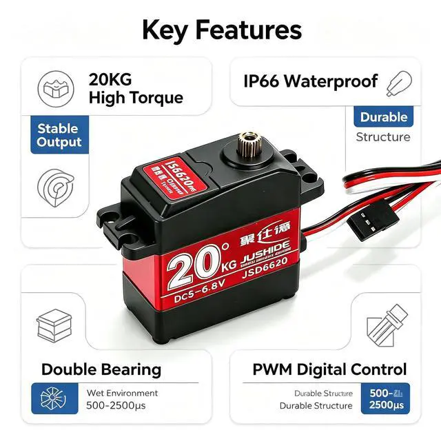 Alt view image 4 of 5 - Jushie JS6620 Digital RC Servo 20KG High Torque IP66 Waterproof Double Bearing 5-6.8V 360° PWM Servo Motor for RC Car Robot Boat Mechanical Arm