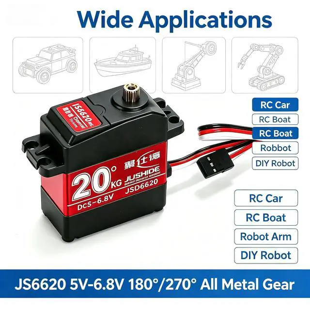 Alt view image 5 of 5 - Jushie JS6620 Digital RC Servo 20KG High Torque IP66 Waterproof Double Bearing 5-6.8V 360° PWM Servo Motor for RC Car Robot Boat Mechanical Arm