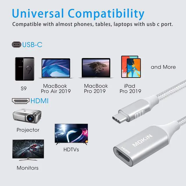 Alt view image 2 of 7 - USB C to HDMI Adapter 4K Cable, MOKiN USB-C Type C (Thunderbolt 3) to HDMI Adapter for MacBook Pro 2019/2018, MacBook Air/iPad Pro, Samsung Galaxy S9/S8, Dell XPS 13, Surface Go/Pro 7 More