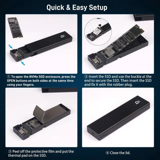 Alt view image 4 of 7 - M.2 NVMe SSD Enclosure, Tool-Free Installation, USB 3.2 Gen 2 (10 Gbps) to NVME M-Key/(B+M) Key PCIe NVMe Adapter Support UASP and Trim, for SSDs 2230/2242 /2260/2280