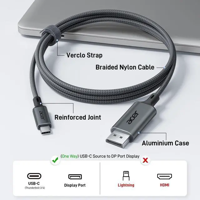Alt view image 5 of 7 - USB C to Display Port Cable 6.6 FT (4K@60HZ 2K@165Hz), Type-C to Display Port Cord (Sturdy Aluminum, Plug & Play) Thunderbolt 3/4/5 Compatible with MacBook Pro/Air, iPhone 16 Pro/Max, XPS,Surface