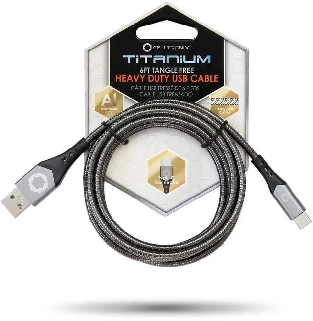 Main image of Titanium 6FT Fast Charging Tangle Free Heavy Duty USB to Type-C Cable. Built to Last! Includes Sync+Charge & Aluminum Tips for Optimum Connectivity - Gun Metal