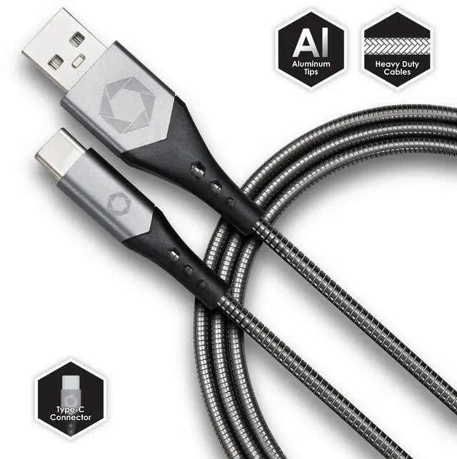 Alt view image 3 of 4 - Titanium 6FT Fast Charging Tangle Free Heavy Duty USB to Type-C Cable. Built to Last! Includes Sync+Charge & Aluminum Tips for Optimum Connectivity - Gun Metal