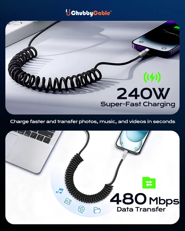 Alt view image 2 of 7 - USB C to C 240W Braided Coiled Charging Cable, All Orange, 6FT | For iPhone 18/17/16/15 Series, MacBook iPad Pro/Air, Galaxy S26/S25/S24, Strong Elasticity Thick Type C Charger Cord