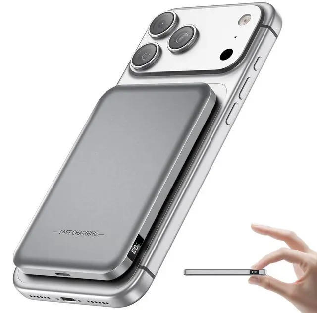 Main image of Magnetic Portable Charger, 50% Smaller & Slimmer 5000mAh Power Bank with LED Display, 15W Fast Charging Battery Pack, Travel Essential MagSafe Compatible Charger for iPhone 17/16/15 - Gray