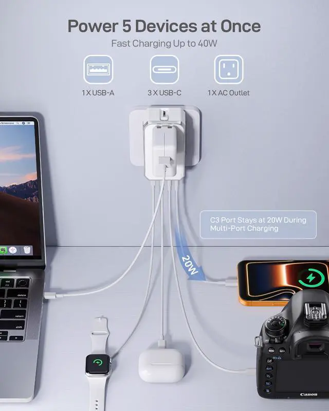 Alt view image 2 of 7 - Air 40W Universal Travel Adapter, PD Fast Charging International Power Adapter with 1 AC & 4 USB Ports, Worldwide Compact Travel Essentials for USA/EU/UK/AUS(White, Not a Voltage Converter)