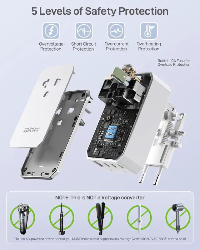 Alt view image 7 of 7 - Air 40W Universal Travel Adapter, PD Fast Charging International Power Adapter with 1 AC & 4 USB Ports, Worldwide Compact Travel Essentials for USA/EU/UK/AUS(White, Not a Voltage Converter)