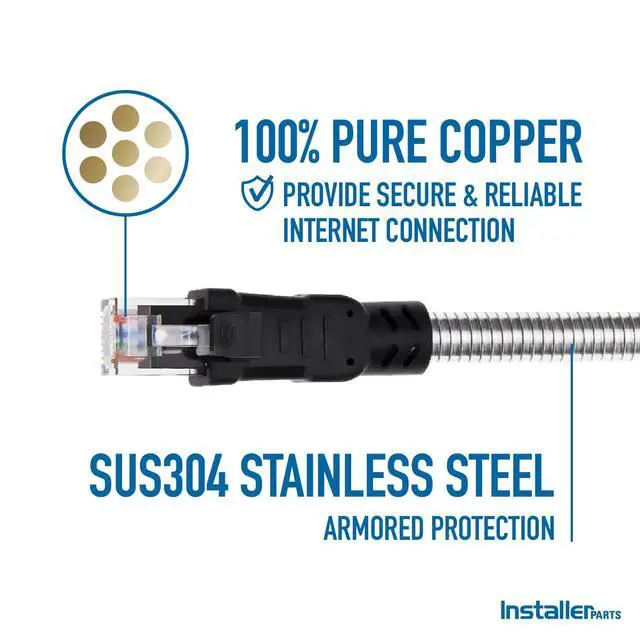 Alt view image 7 of 7 - Stainless Steel Armored Cat.6A Patch Cable 24AWG 7.8mm Cable Diameter, Outdoor, Waterproof, UV Resistant, Enhanced Durability, 5 Ft, 1-Pack
