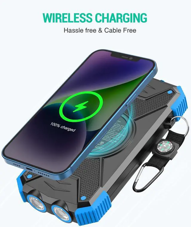 Alt view image 2 of 7 - Solar Power Bank 10,000mAh, Portable Wireless Charger, 20W Fast Charging External Battery Pack with USB C for Cell Phones, Solar Panel Charging with Dual Flashlight for Camping