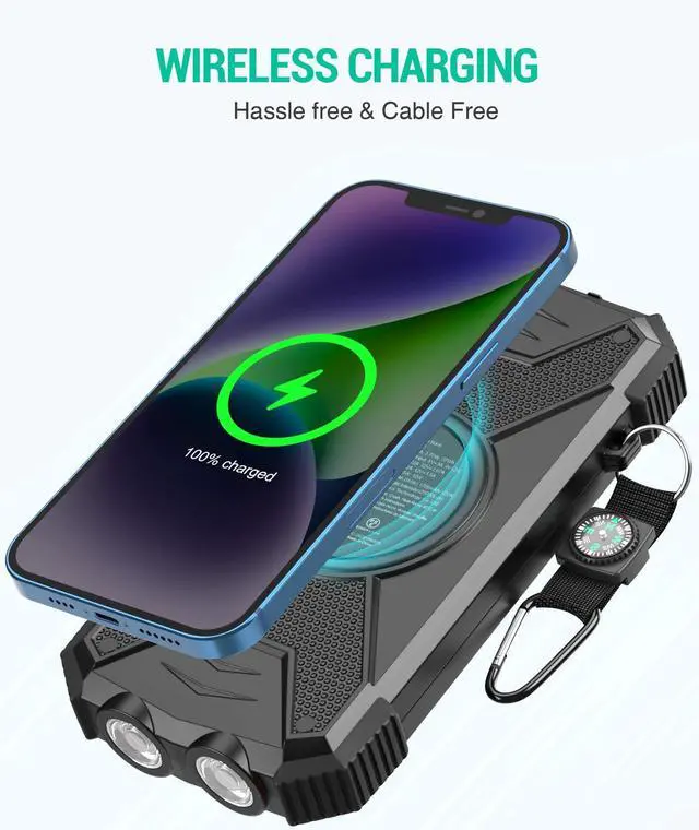 Alt view image 2 of 7 - Solar Power Bank 10,000mAh, Portable Wireless Charger, 20W Fast Charging External Battery Pack with USB C for Cell Phones, Solar Panel Charging with Dual Flashlight for Camping