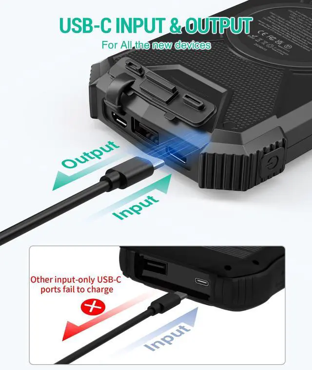 Alt view image 4 of 7 - Solar Power Bank 10,000mAh, Portable Wireless Charger, 20W Fast Charging External Battery Pack with USB C for Cell Phones, Solar Panel Charging with Dual Flashlight for Camping