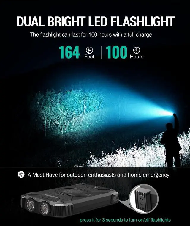 Alt view image 7 of 7 - Solar Power Bank 10,000mAh, Portable Wireless Charger, 20W Fast Charging External Battery Pack with USB C for Cell Phones, Solar Panel Charging with Dual Flashlight for Camping