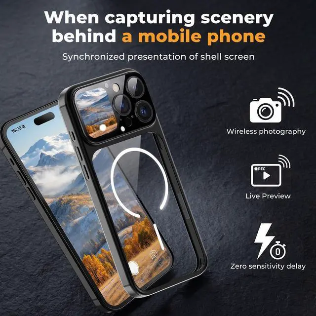 Alt view image 6 of 6 - Phone Case for iphone 16 pro max case with 1.85 Inch Smart Display, 2026 New Tech Rechargeable and Syncs with Phone Photography, Music, Weather, Clock, Message, Clear Shock Proof Non Slip (Black)