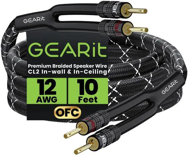 Main image of 12 Gauge Speaker Cable with Banana Plugs 10 ft,CL2 Rated OFC Speaker Wire with Gold-Plated Tips,Braided Speaker Wire for Audiophiles,Hi-Fi Systems,Home Theater,Amplifiers & Speakers(Black)