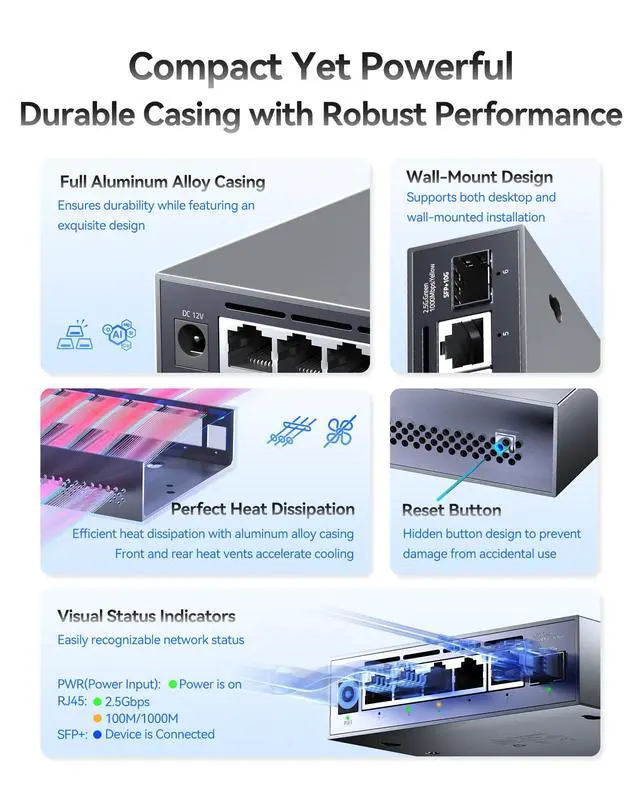 Alt view image 4 of 7 - 6-Port 2.5G Web Managed Ethernet Switch, VLAN/QoS/STP/IGMP/LACP Supported, Fanless Easy Smart 2.5Gb Network Switch, Aluminum Housing, Desktop/Wall-Mount