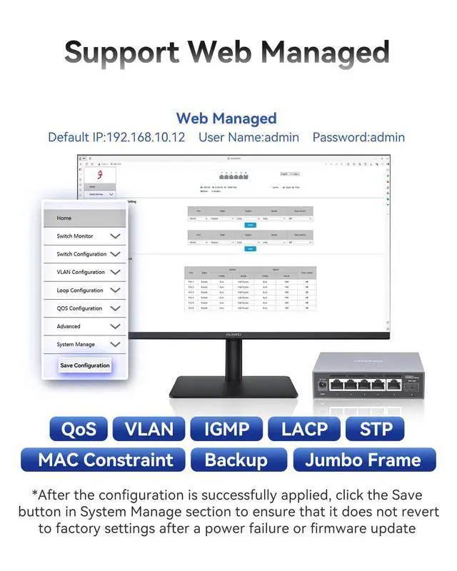 Alt view image 6 of 7 - 6-Port 2.5G Web Managed Ethernet Switch, VLAN/QoS/STP/IGMP/LACP Supported, Fanless Easy Smart 2.5Gb Network Switch, Aluminum Housing, Desktop/Wall-Mount