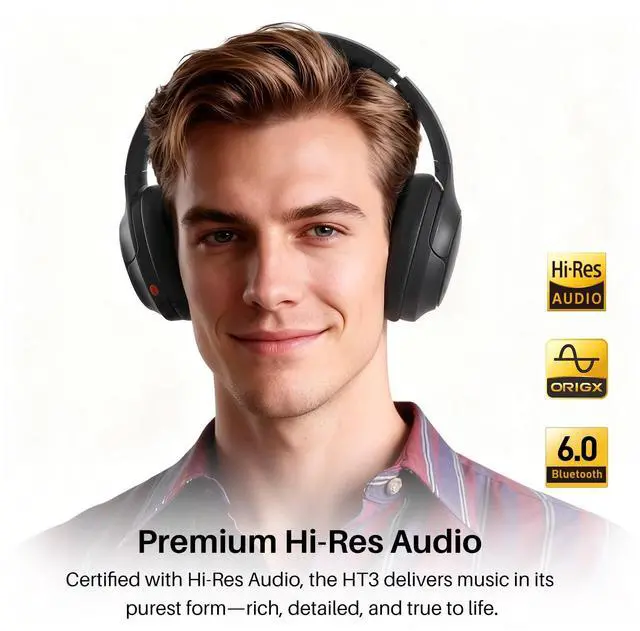 Alt view image 3 of 7 - HT3 Hybrid Noise Cancelling Headphones, 90H Battery Life Wireless Over Ear Bluetooth 6.0 Foldable Headset, AI Voice Assistant with 5 Mics, Connect 2 Devices and Hi-Res Sound, 32 EQ Audio Presets