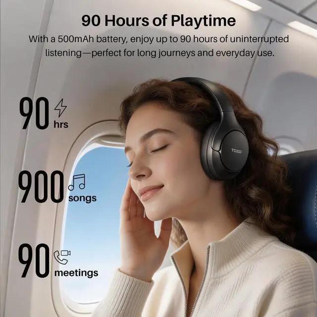 Alt view image 5 of 7 - HT3 Hybrid Noise Cancelling Headphones, 90H Battery Life Wireless Over Ear Bluetooth 6.0 Foldable Headset, AI Voice Assistant with 5 Mics, Connect 2 Devices and Hi-Res Sound, 32 EQ Audio Presets