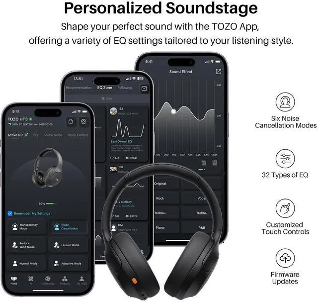 Alt view image 7 of 7 - HT3 Hybrid Noise Cancelling Headphones, 90H Battery Life Wireless Over Ear Bluetooth 6.0 Foldable Headset, AI Voice Assistant with 5 Mics, Connect 2 Devices and Hi-Res Sound, 32 EQ Audio Presets