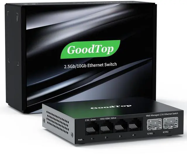 Main image of 6 Port 2.5Gb Web Managed Switch,4 x 2.5GbE Ports,2 x 10G SFP+,Web Managed with Link Aggregation/VLAN/QOS, Metal Fanless Home Lab Network Switch