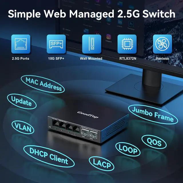 Alt view image 3 of 7 - 6 Port 2.5Gb Web Managed Switch,4 x 2.5GbE Ports,2 x 10G SFP+,Web Managed with Link Aggregation/VLAN/QOS, Metal Fanless Home Lab Network Switch
