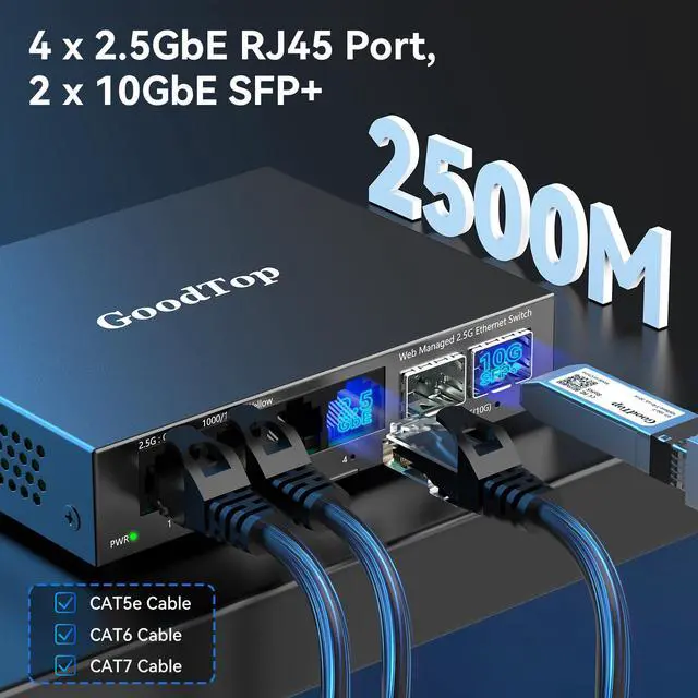 Alt view image 6 of 7 - 6 Port 2.5Gb Web Managed Switch,4 x 2.5GbE Ports,2 x 10G SFP+,Web Managed with Link Aggregation/VLAN/QOS, Metal Fanless Home Lab Network Switch