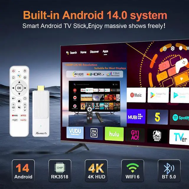 Alt view image 5 of 7 - Android TV Stick 4K, NEW TV Stick Android 14.0 2GB RAM 16GB ROM Ultra HD RK3518 CPU Supports Wi-Fi 6 2.4G/5G Wi-Fi Bluetooth 5.0 USB HDR10 with Bluetooth Voice Remote Control, White 2026