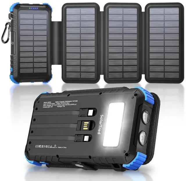 Main image of Solar Power Bank 20000mAh with 4 Panels, Portable Solar Charger with Build-in 3 Cables for iPhone, USB C in/Output 15W Fast Charging External Battery Pack with Flashlight & Camping Light